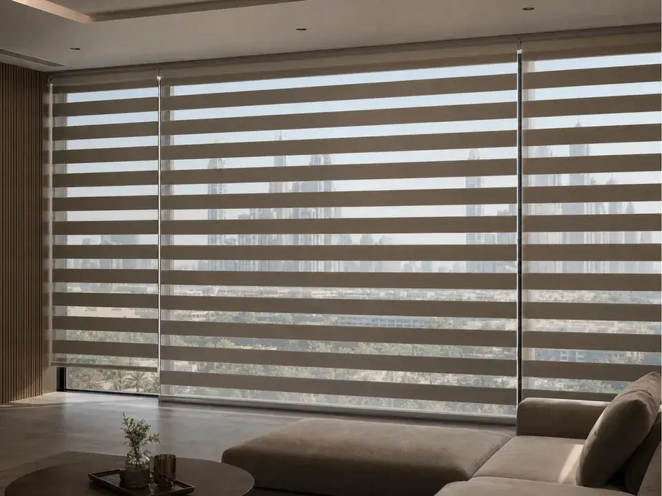 Day and night zebra blinds with alternating sheer and opaque bands