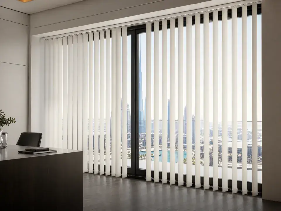 Off-white vertical blinds covering wide modern glazing