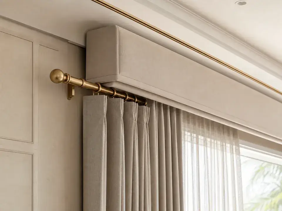 Coordinated brass curtain rod, concealed ceiling track and upholstered pelmet detail
