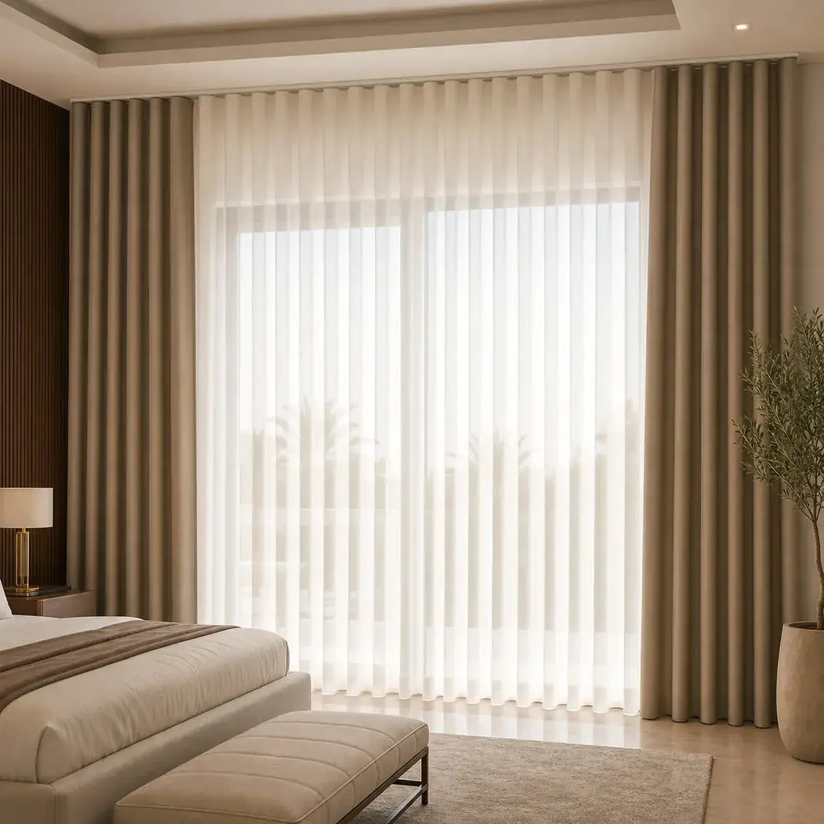 Layered white sheer and taupe blackout curtains on a concealed double track