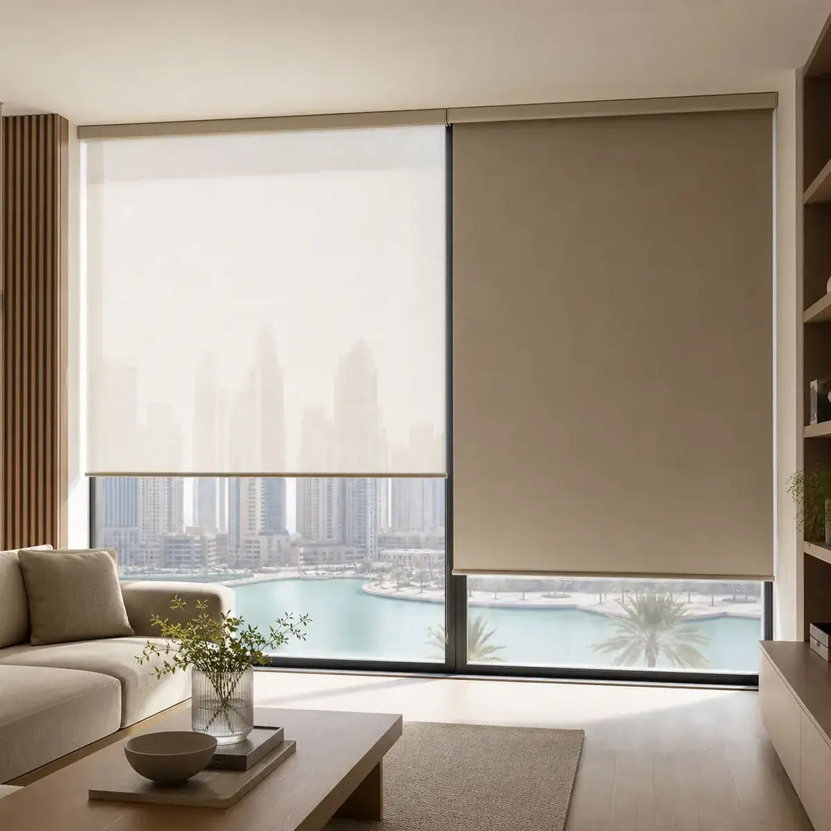 Coordinated light-filtering and blackout roller blinds on Dubai apartment glazing