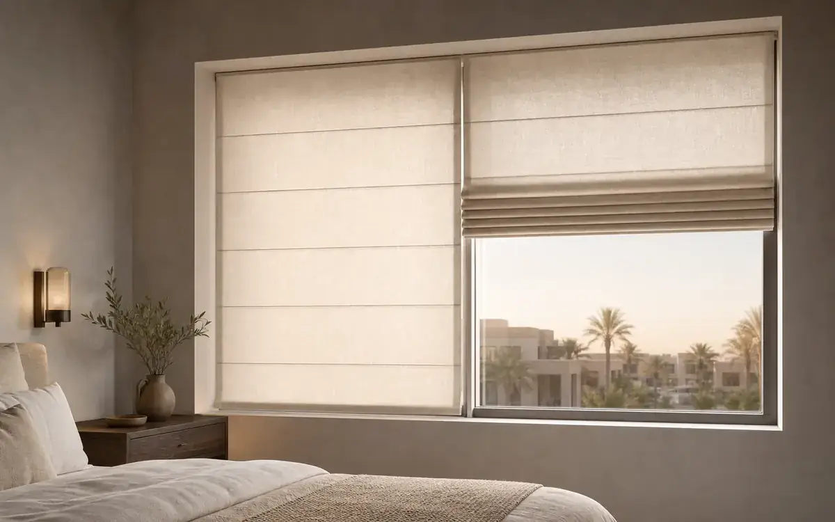 Tailored Roman shade with soft horizontal folds