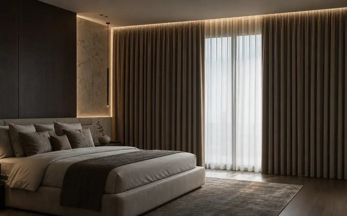 Calm bedroom with full-length blackout curtains