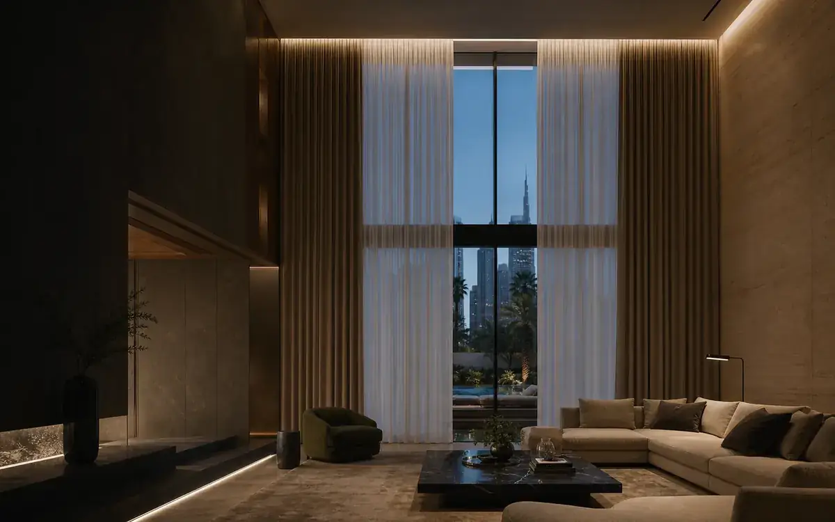 Modern villa interior with automated floor-to-ceiling curtains