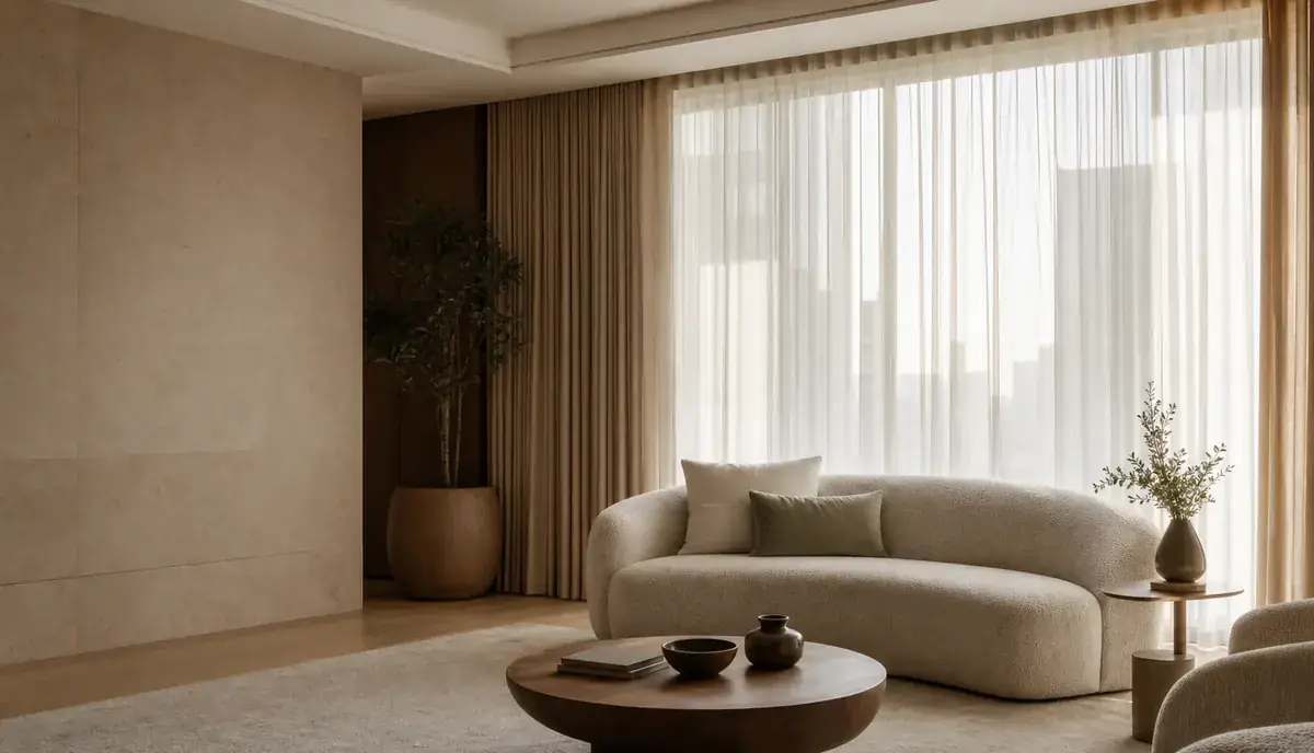 Layered neutral curtains in a refined living room