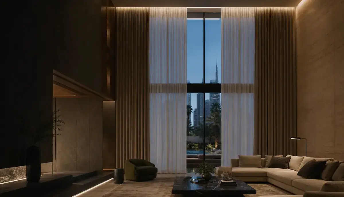 Full-height curtains in a luxury villa interior