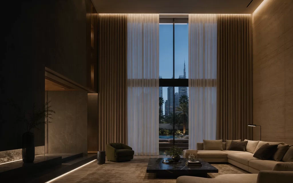 Motorized curtains across wide glazing in a Dubai interior
