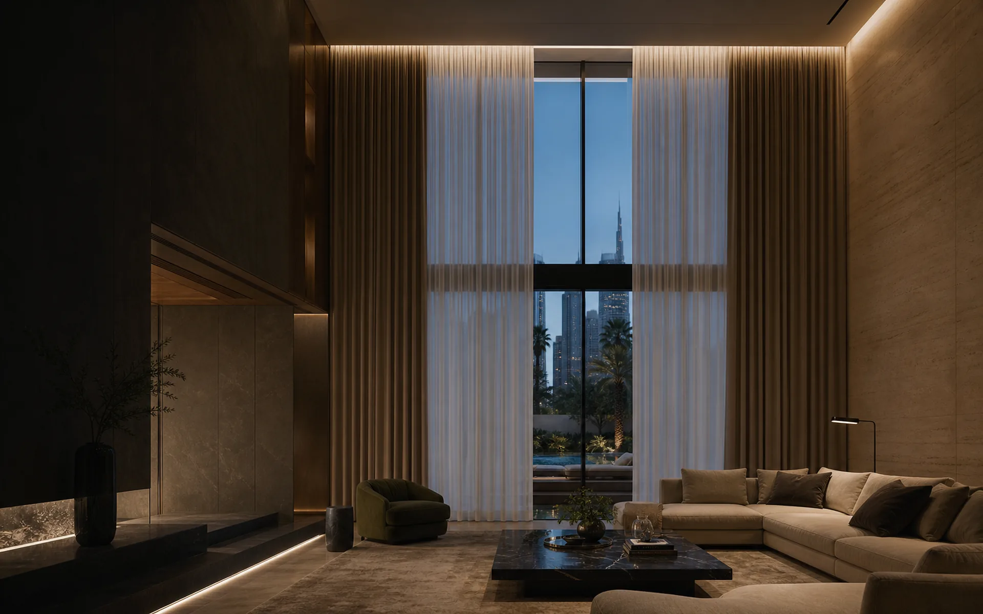 Motorized curtains across wide glazing in a Dubai interior