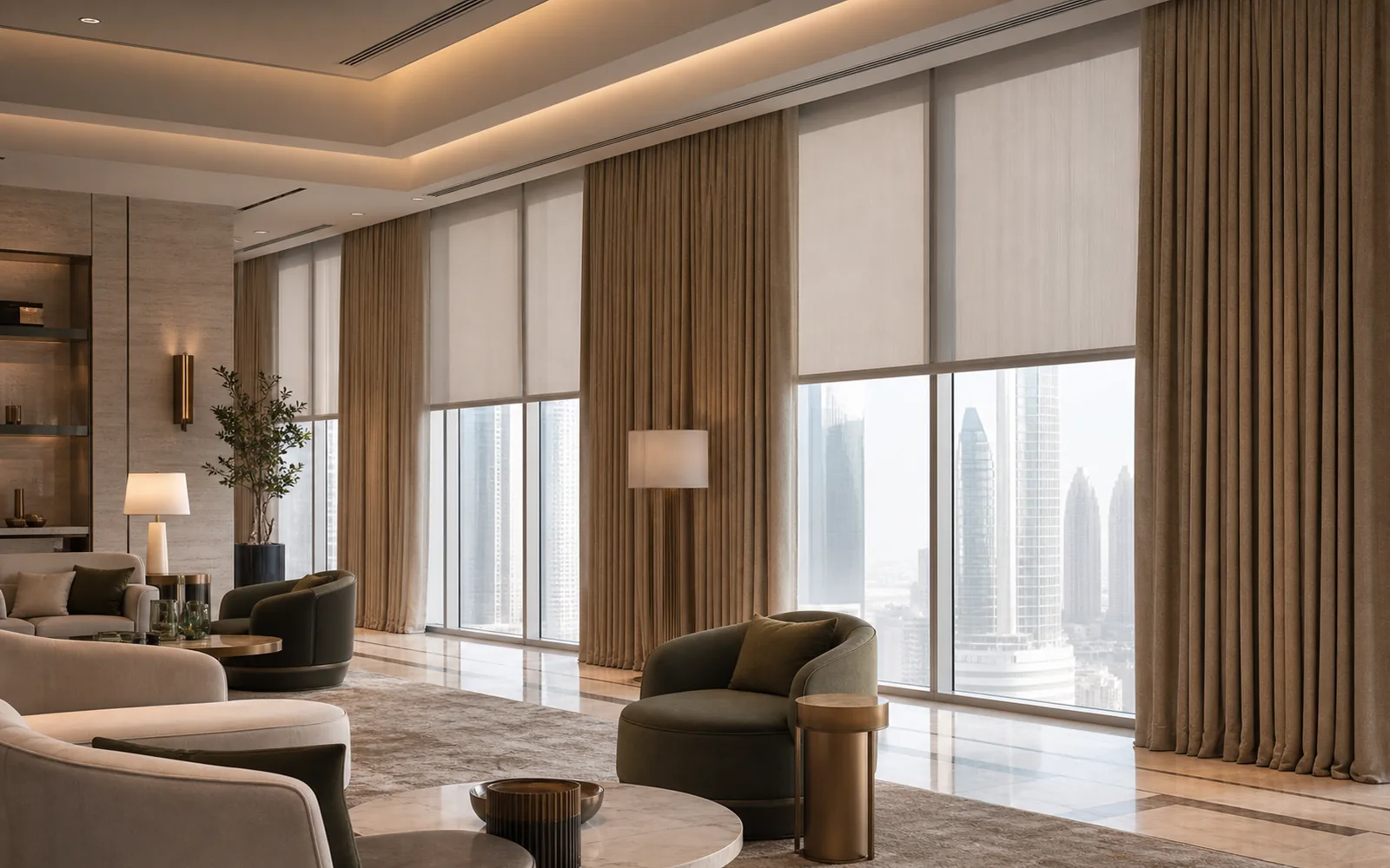 Coordinated commercial curtains and roller blinds in a Dubai hospitality interior