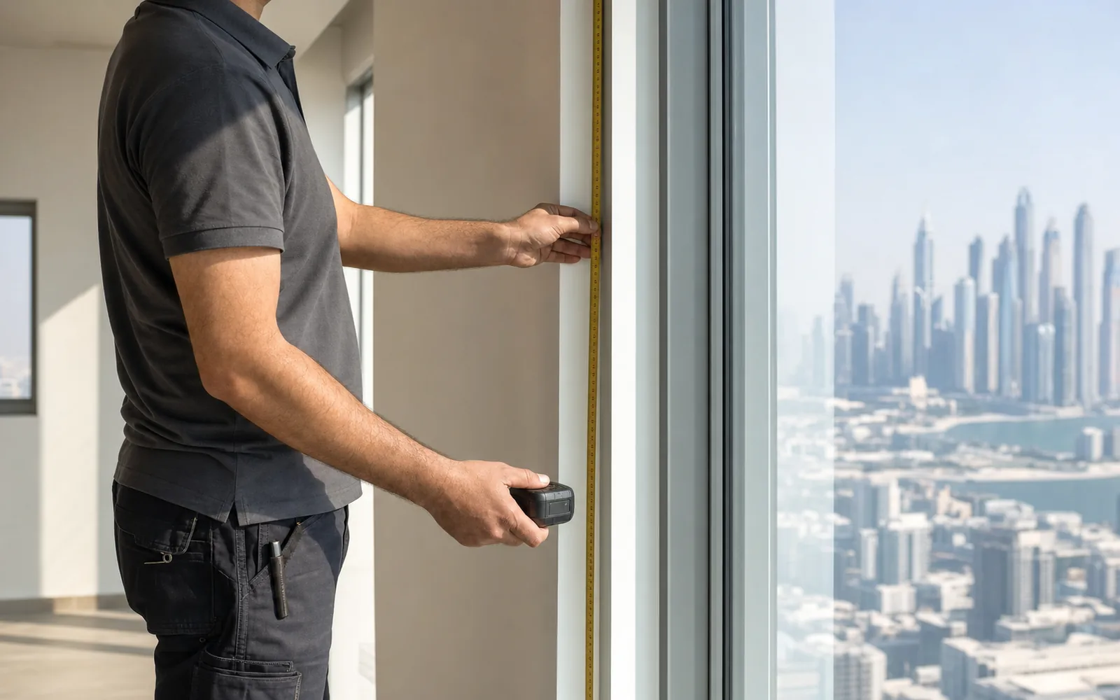 Professional installer measuring and preparing a Dubai window