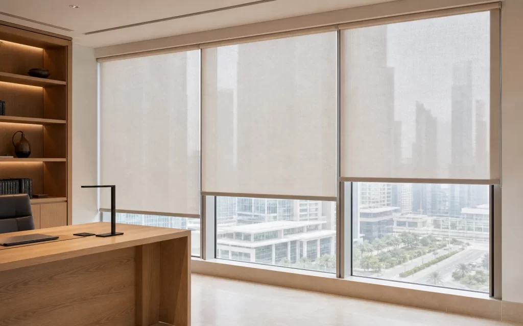 Made-to-measure light-filtering roller blinds in a Dubai home office