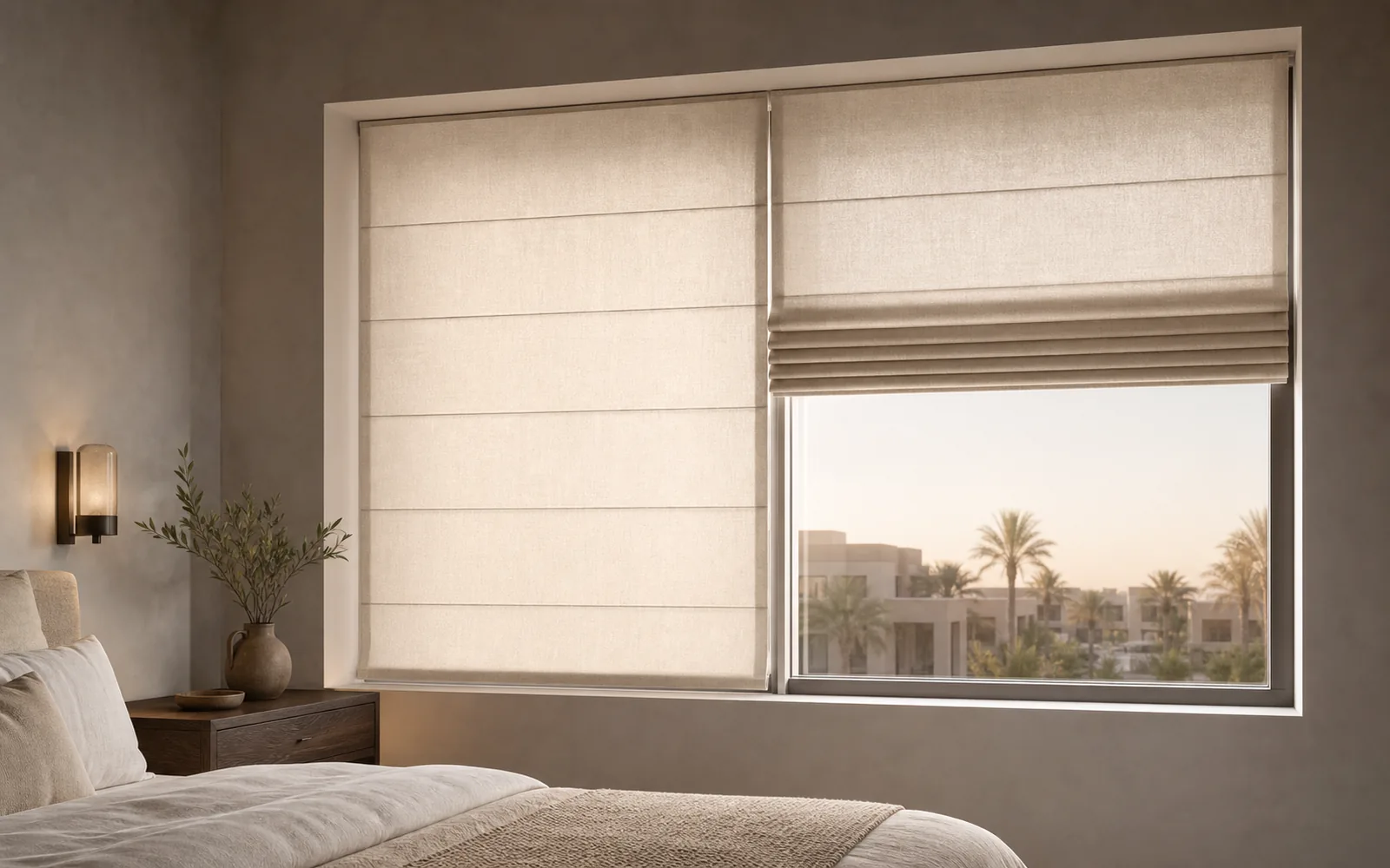 Tailored ivory Roman blinds fitted in a Dubai villa bedroom