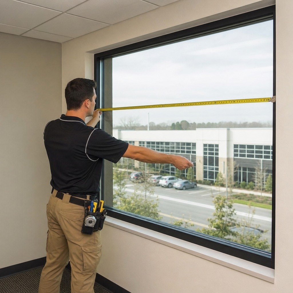Professional technician taking window measurements for commercial blind installation