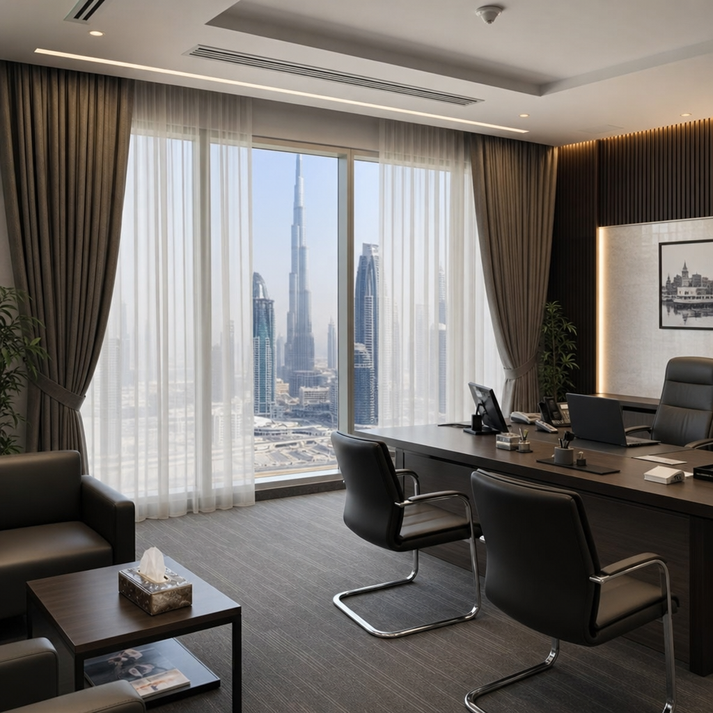 Modern corporate office interior in Dubai showing elegant commercial curtains