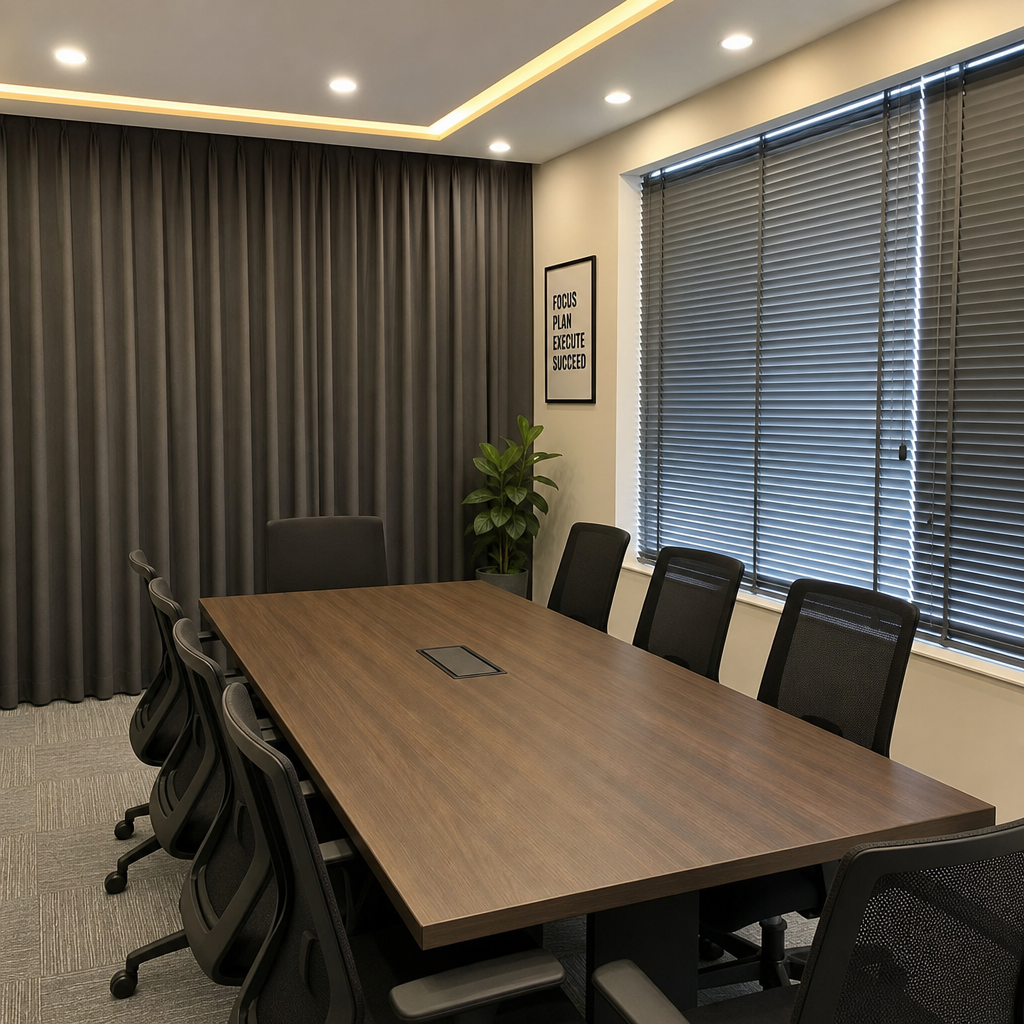 A well-lit meeting room featuring soundproof curtains and modern office blinds