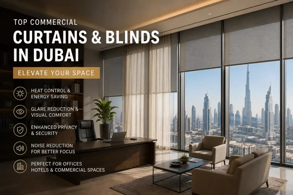 Upgrade offices, hotels and commercial spaces with custom curtains and blinds designed for heat control, glare reduction, privacy, comfort and a premium professional appearance.